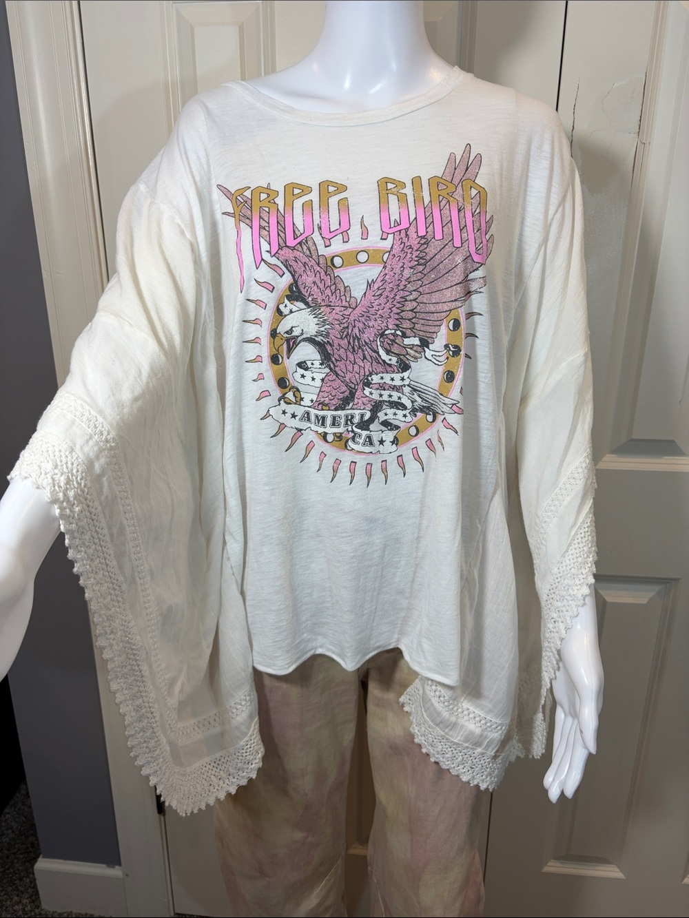 Upcycled, Free Bird Graphic Eagle Boho Top in Cream with Pink Accent